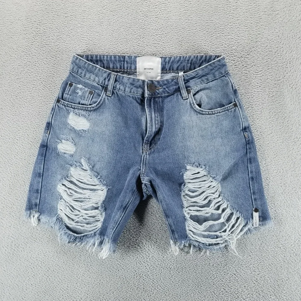 One Teaspoon Shorts Womens 26 Blue Distressed Cut Off Frayed Denim 4" Inseam - Picture 1 of 8